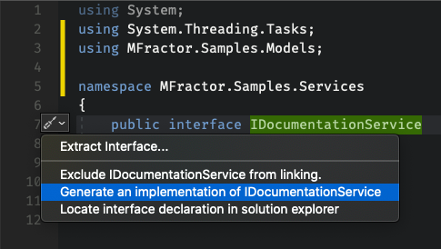 Invoking the Generate Interface Implementation Code Action from the IntelliSense Suggestions or Keyboard Shortcut