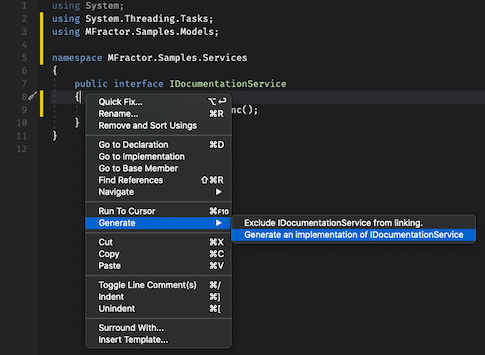 Invoking the Generate Interface Implementation Code Action from the Context Menu