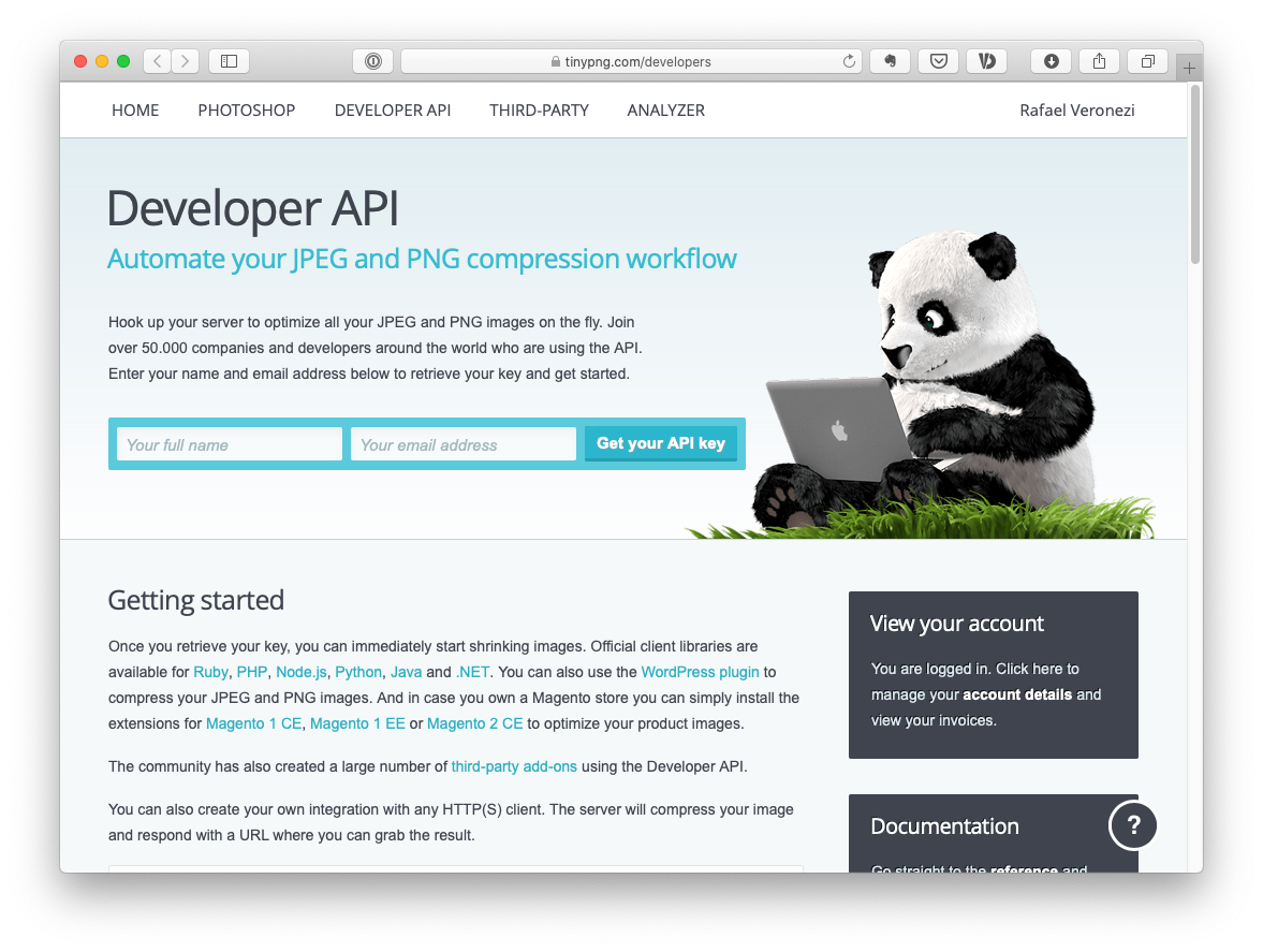The TinyPNG API Key Creation website