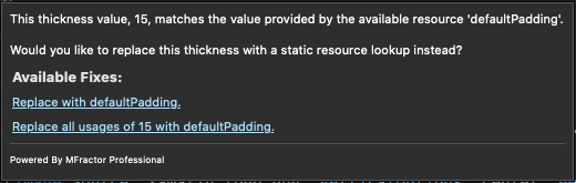 Tooltip showing suggested actions to replace references of thickness with existing Static Resource