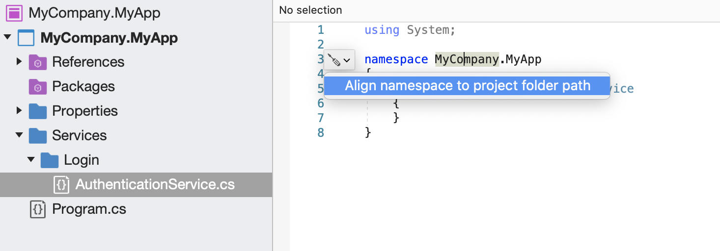 Invoking the Align Namespace To Folder Path from the Quick Fix or Keyboard Shortcut
