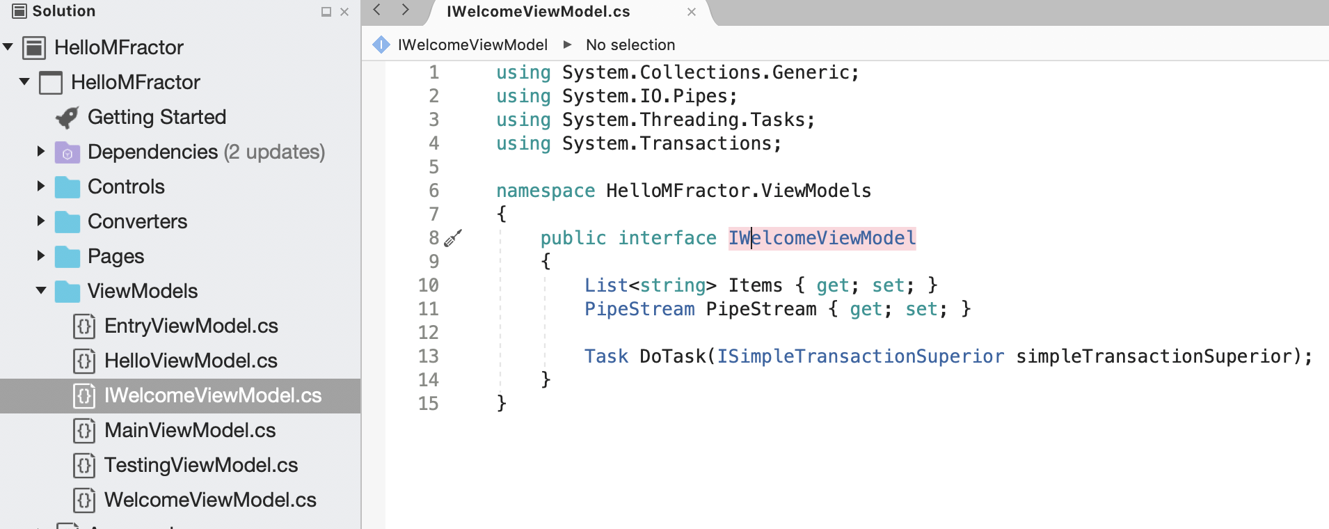 The result of the locate in solution explorer code action