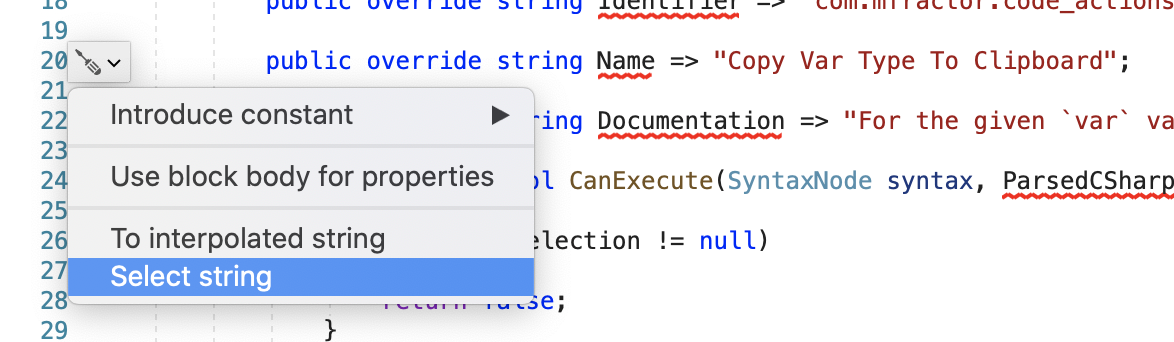 The result of the Select String Span code action