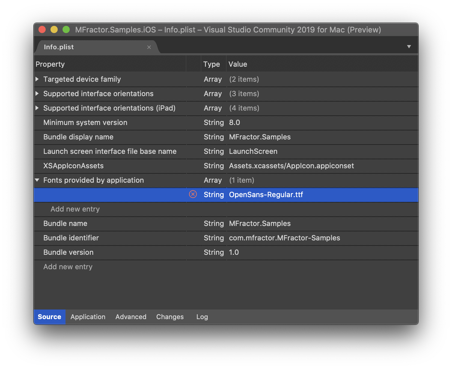 The UIAppFonts entry view in the Info.plist tool on Visual Studio for Mac