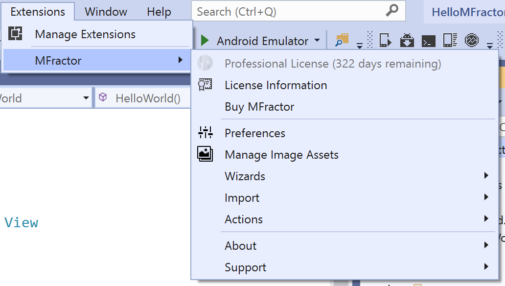 The main menu of MFractor for Visual Studio Windows