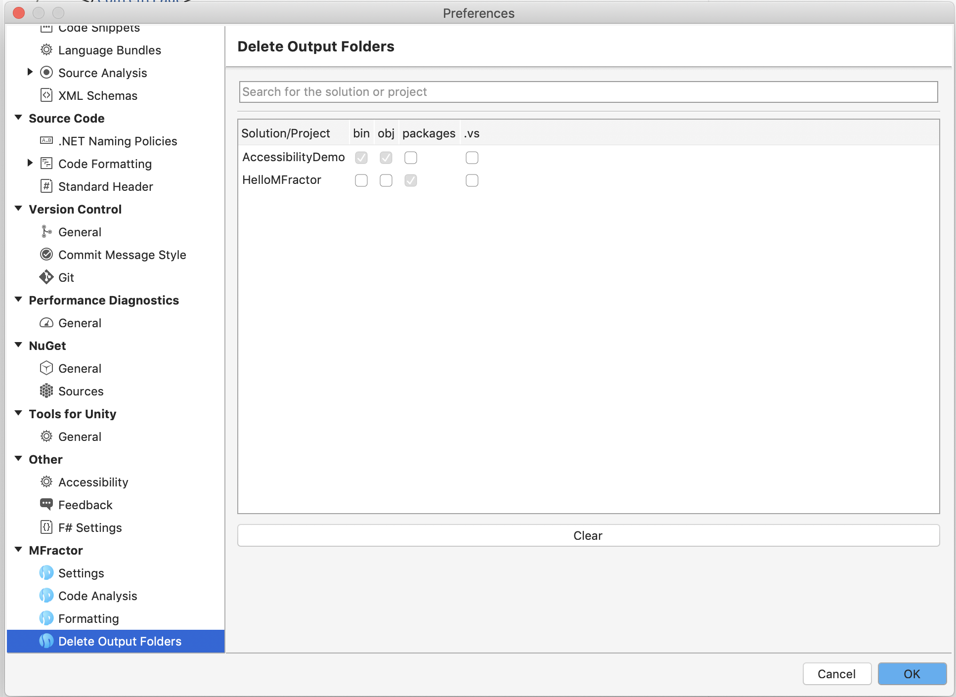 The delete output folders preferences panel