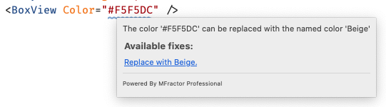 The Code Analysis found a hex value that matches one of the named colors