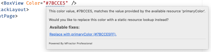 The code analysis found a hex color value that match one declared resource