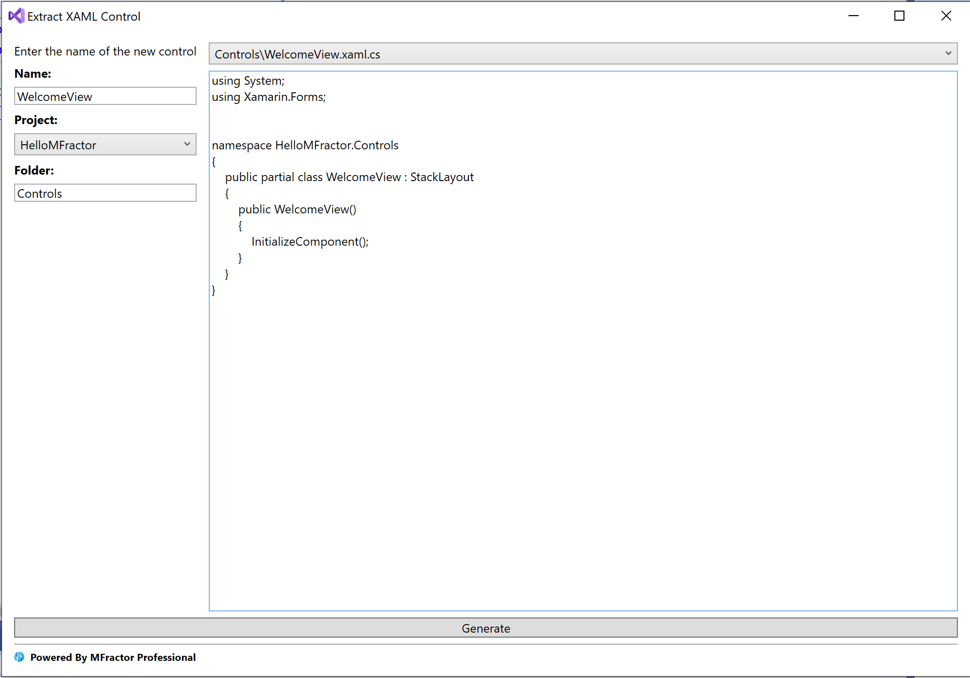 The extract control refactoring window