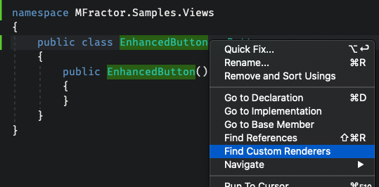 Invoking the Find Custom Renderers on the C# code using the context menu