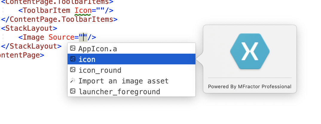 Using image asset IntelliSense